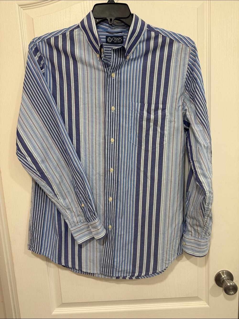 Chaps Men's Navy and Light Blue Vertical Stripe Button-Up Shirt